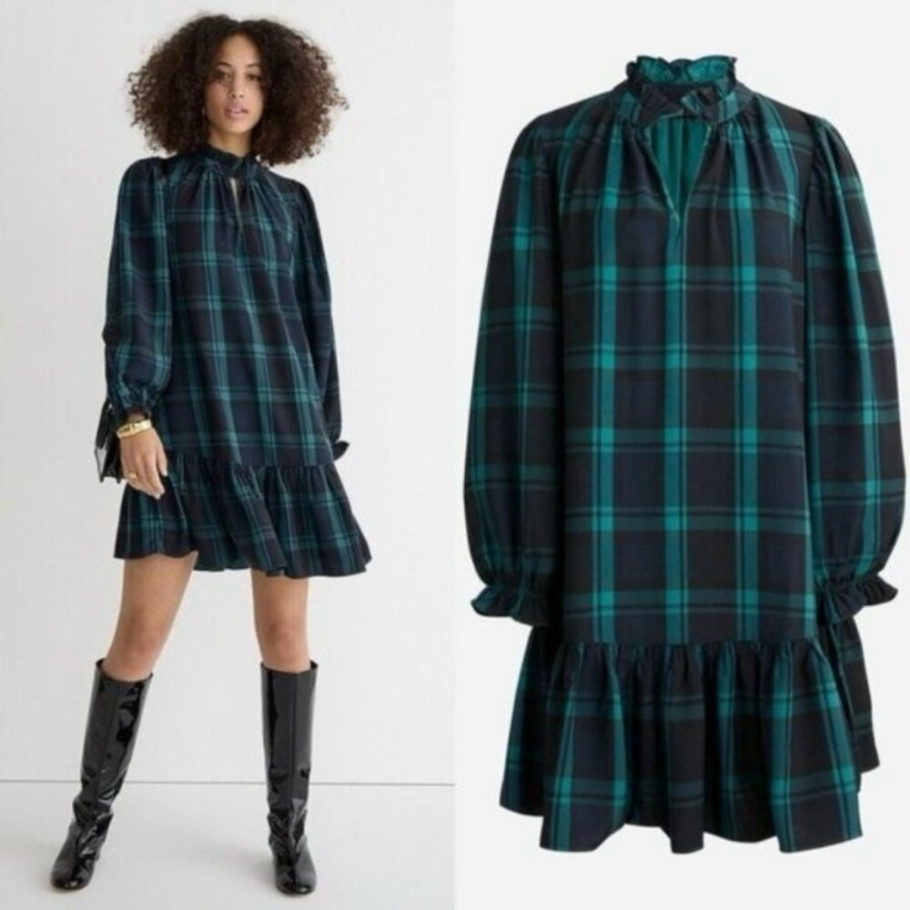 J. Crew Ruffle Puff Sleeve Black Watch Tartan Plaid Mini Dress Size M